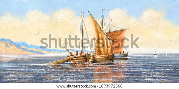 Fishing sailing boat on the sea. Oil paintings sea landscape. Fine art.