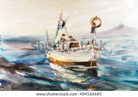 Fishing schooner seascape, fishermen at cold sea, cold waves, Pacific ocean. Oil on canvas, modern art, watercolor painting, modern contemporary art 