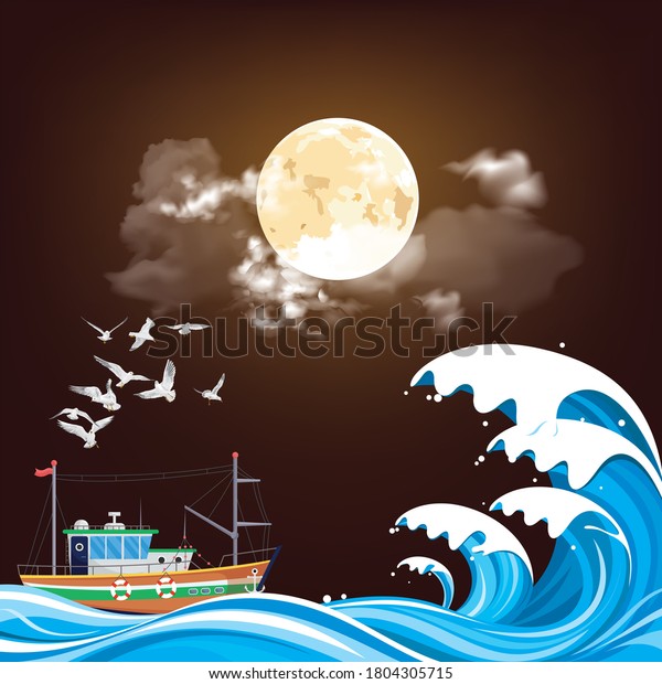 Fishing trawler boat out in rough sea\
with seagulls overhead set against a full moon night\
sky