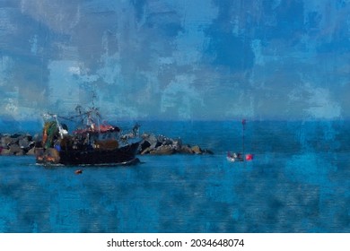 Fishing Trawler Leaving The Safety Of The Harbour At Lyme Regis Dorset England Digital And Ink Pen Oil Painting