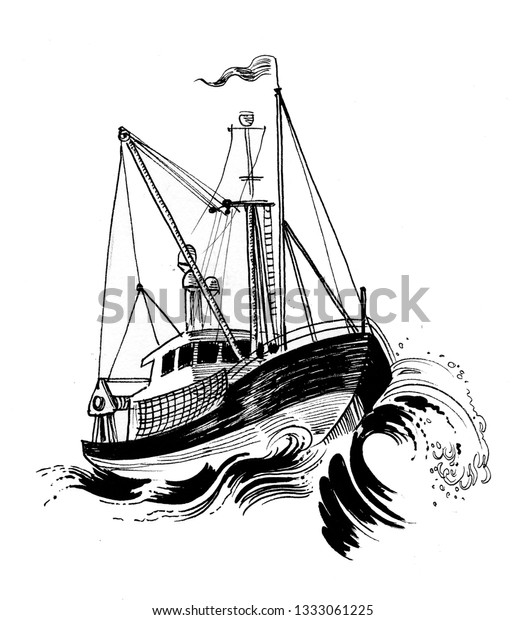 嵐の海の底引き網漁船 墨画 のイラスト素材