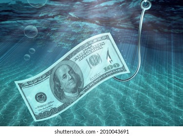 Fishing. US Dollar Bill On Fish Hook. 3D Rendering.