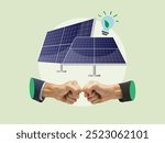 Fist bump collide and solar panels symbol, agreement of two businessman, sustainability concept, clean energy, green energy, art collage