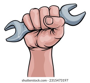 A fist hand holding a wrench or spanner in a comic book pop art cartoon illustration style. - Powered by Shutterstock