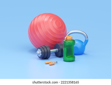 Fitness 3d render illustration - fit dumbbell, realistic water bottle and fit ball with kettlebell. 3D Illustration - Powered by Shutterstock