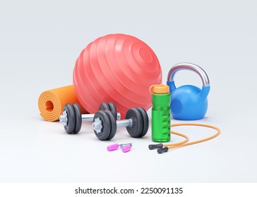 Fitness 3d render illustration - fit dumbbell, realistic water bottle and fit ball with kettlebell. Gym health care inventory and training accessories for exercise on white background. 3D Illustration - Powered by Shutterstock