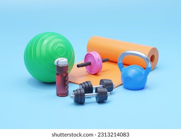 Fitness 3d render illustration - simple dumbbell, realistic water bottle and fit ball with kettlebell. Gym health care inventory and training accessories for exercise on blue. 3D Illustration - Shutterstock ID 2313214083