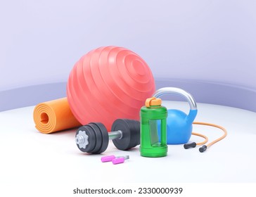 Fitness 3d render illustration - strenght dumbbell, realistic water bottle and fit ball with kettlebell. Yoga mat and other training accessories for power health exercise. Sport. 3D Illustration - Powered by Shutterstock