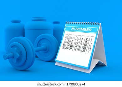 Fitness background with calendar in blue color. 3d illustration