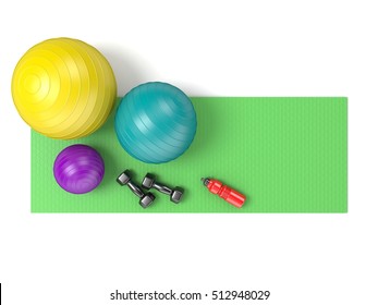 Fitness Ball, Dumbbells And Plastic Water Bottle On Green Yoga Mat. Top View. 3D Render Illustration Isolated On White Background