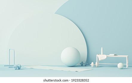 Fitness ball, weights and water bottle.Pastel blue and white colors scene. Trendy 3d render for sport fitness equipment, female concept, lifting in the gym and exercise daily background. Healthy life - Powered by Shutterstock