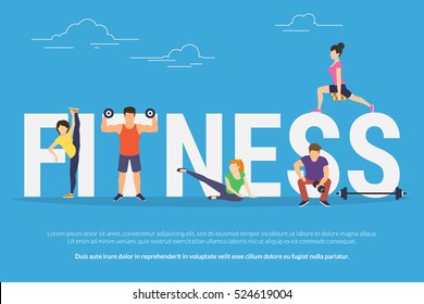 Fitness concept illustration of young people doing workout with equipment. Flat design of guys and women training near big letters fitness. Sport banner for landing page or promotion - Powered by Shutterstock