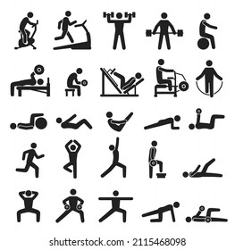 Fitness Exercise Icons, Sport Workout Pictograms. People Doing Yoga, Exercising, Jogging. Various Sports Activities Silhouette  Icon Set. Characters With Training With Dumbbells