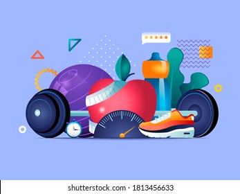 Fitness flat concept for landing page. Fitness center web template. Healthy lifestyle and natural food, fitness motivation, sport equipment 3d composition, functional training flat illustration.