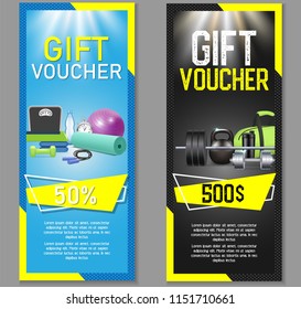 Fitness gift voucher template set. Illustration. Gift certificate, discount coupon, voucher mockup set for gym, fitness club or center. Fitness business promo offer cards. - Powered by Shutterstock