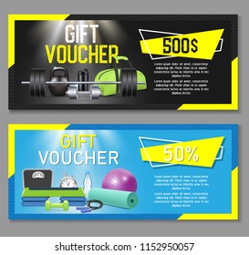 Fitness gift voucher template set. Illustration. Gift certificate, discount coupon, voucher mockup set for gym, fitness center or health club. - Powered by Shutterstock