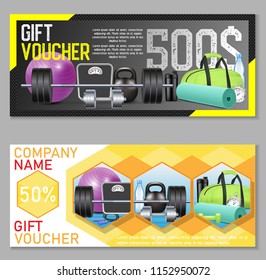 Fitness gift voucher template set. Gift certificate, discount coupon, voucher mockup set for gym, fitness club or center. - Powered by Shutterstock