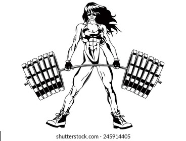 fitness girl in a bikini holding a heavy barbell,illustration,black and white,drawing,outline