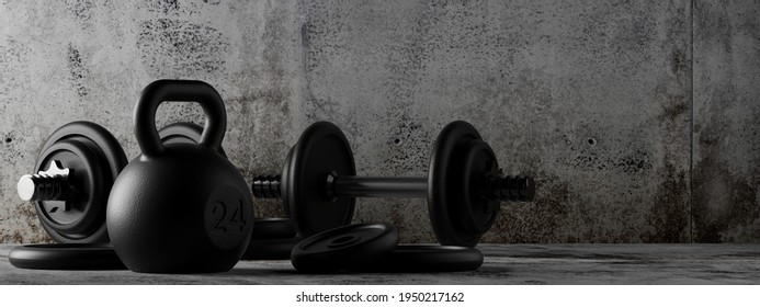 Fitness gym dumbbells and kettlebells with chrome handle and black plates in concrete room background, muscle exercise, bodybuilding or fitness concept, 3D illustration - Powered by Shutterstock