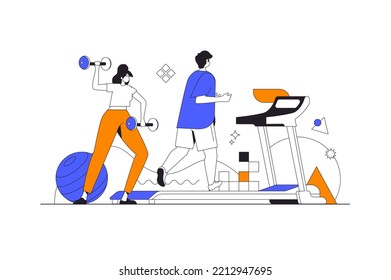 Fitness and gym web concept in flat outline design with characters. Woman does exercises with dumbbells, man runs on treadmill. Strength and cardio training, people scene. Illustration. - Powered by Shutterstock