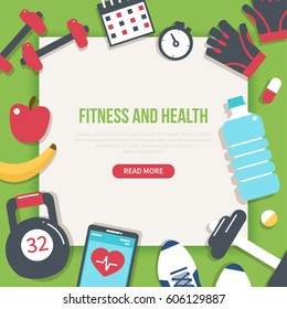 Fitness And Health Banner. Modern Flat Icons.
