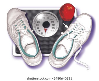 fitness illustration of scale with sneakers and apple on top - Powered by Shutterstock