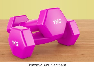 Fitness Purple Dumbells On The Woden Background, 3D Rendering