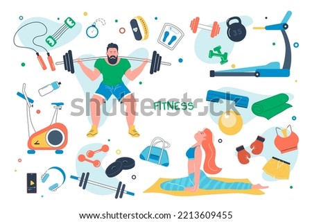 Fitness set isolated elements. Man doing weightlifting, girl doing yoga asana. Sports symbols bundle - gym equipment, dumbbells, kettlebell, sport uniform. Illustration in flat cartoon design