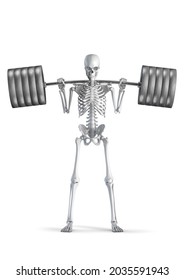 Fitness Skeleton Squat - 3D Illustration Of Male Human Skeleton Figure Squatting Heavy Barbell Isolated On White Studio Background