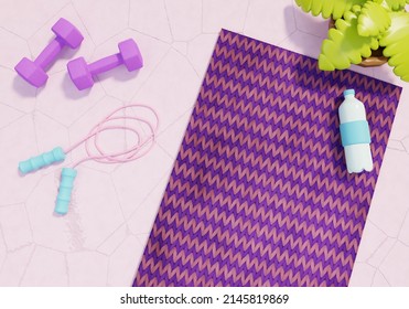 Fitness sport gym with dumbbells, jumping rope and yoga mat 3D illustration background. Different recreation scenarios flat lay view interior backgrounds collection.