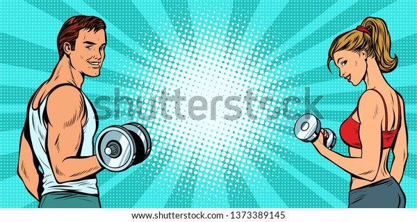 fitness sports background, man and woman with dumbbells. Pop art retro wallpaper for walls illustration. 