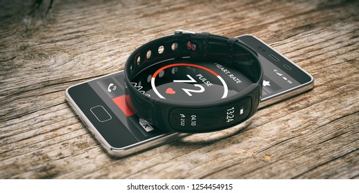 Fitness and technology, healthy lifestyle. Fitness tracker, smart watch and mobile phone isolated on wooden background. 3d illustration