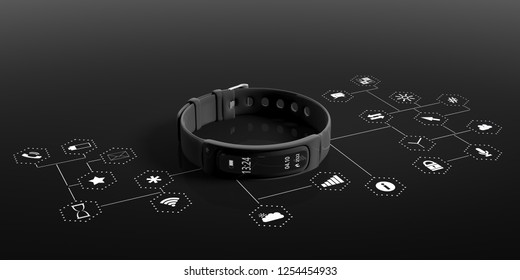 Fitness and technology, healthy lifestyle. Fitness tracker, smart watch, on black background with apps symbols. 3d illustration