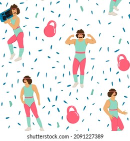 A Fitness Trainer From The 80s In A Pink Suit. Disco Dancer Seamless Pattern On White Background