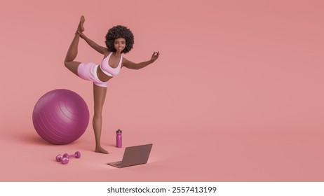 Fitness trainer performing an online yoga class using a laptop, weights, and a fitness ball on a pink background. 3d rendering - Powered by Shutterstock