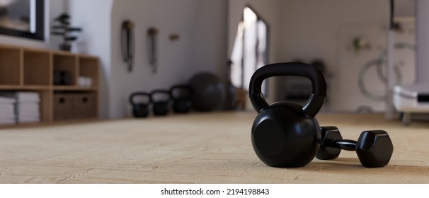 Fitness Training Gym Background With Kettlebell And Dumbbell On The Floor. Close-up Image. Modern Workout Room Background. 3d Rendering, 3d Illustration
