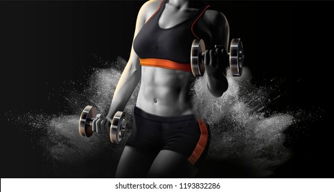 Fitness woman lifting weights on exploding powder effect background in 3d illustration, grey scale - Powered by Shutterstock