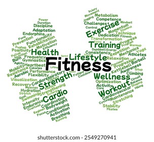 Fitness Word Cloud. Composition of Words Related to Exercise, Wellness, and Training. Ideal for Posters, Fitness Presentations, and Health Research Projects. Isolated White Background. - Powered by Shutterstock