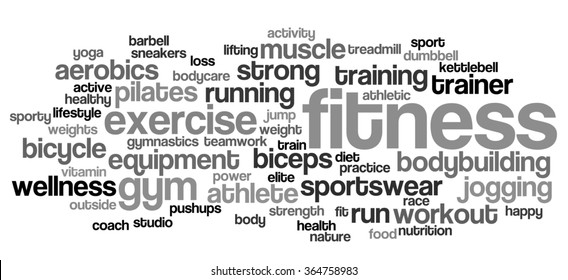 Fitness word cloud. Workout typography background. 