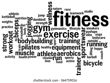 Fitness word cloud. Workout typography background. 