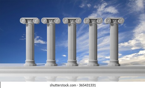 Five Ancient Pillars With Blue Sky Background.