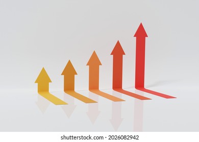 Five arrows step increase moving up. Abstract financial chart with uptrend line arrows graph go up isolated on white background. 3d rendering
