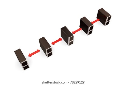 Five black computers merged with red arrows. Isolated on white background. 3d rendered.