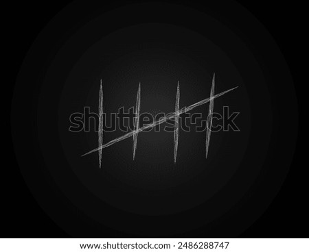 Five black tally counting marks on isolated radial blur black background. Illustration of jail, prison, crime, or victim.