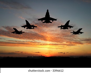 Five bombers over orange sunset