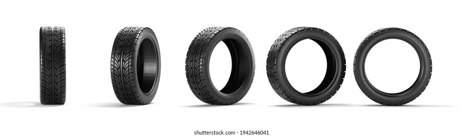 Five car tires on a white background. 3D rendering illustration.