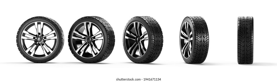 Five car wheels on a white background. 3D rendering illustration.