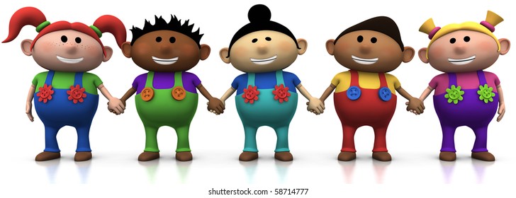five colorful multi-ethnic cartoon kids holding hands -  3d rendering/illustration