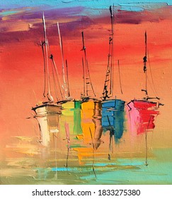 Five colorful yachts sailing,oil painting on canvas.