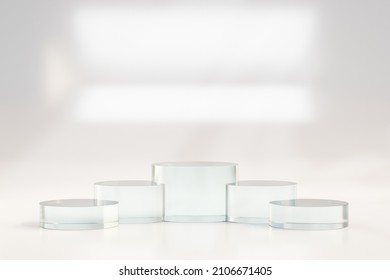 Five Cylinder Block Clear Glass Step Podium Light Theme White Background. 3D Illustration Rendering.